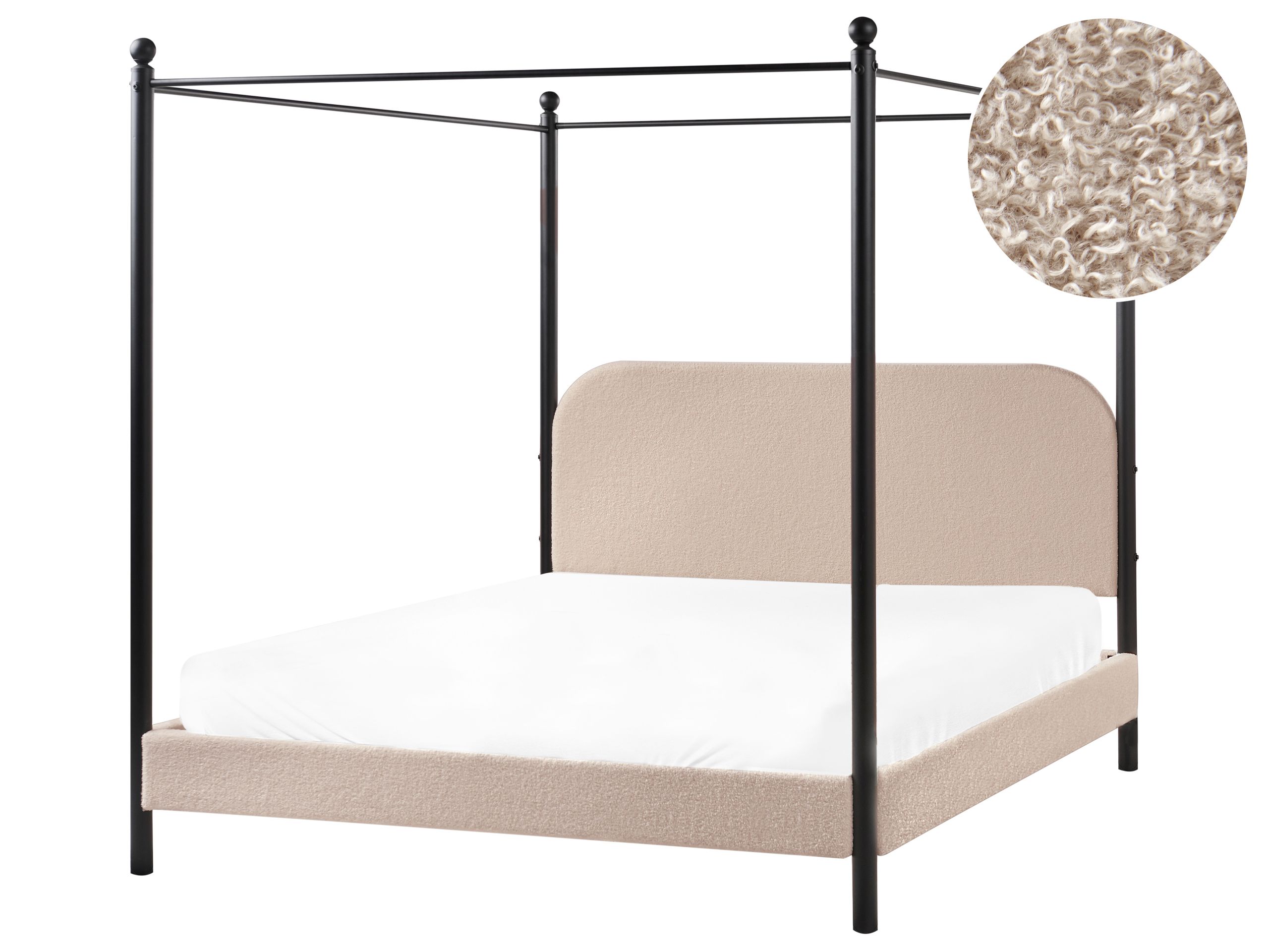 MORIS Four Poster Bedframe Boucle 160 x 200cm EU Kingsize Bed Taupe - Gemini Interiors