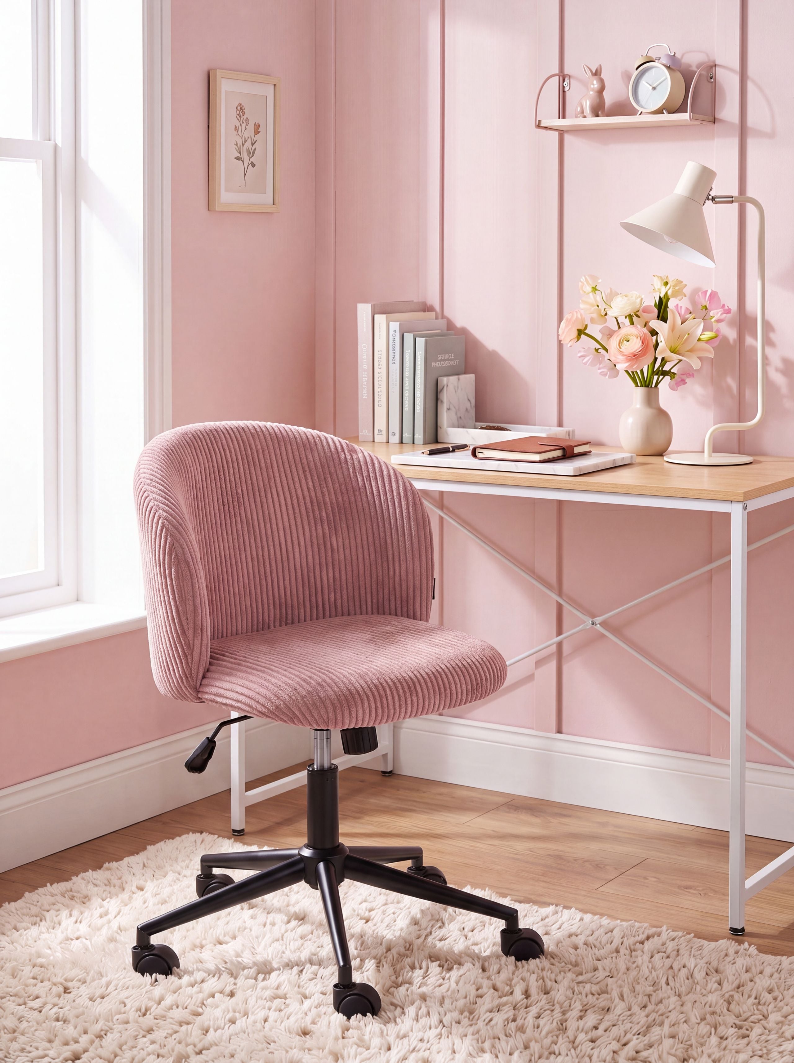 KAVERO Corduroy Office Chair - Pink - Gemini Interiors