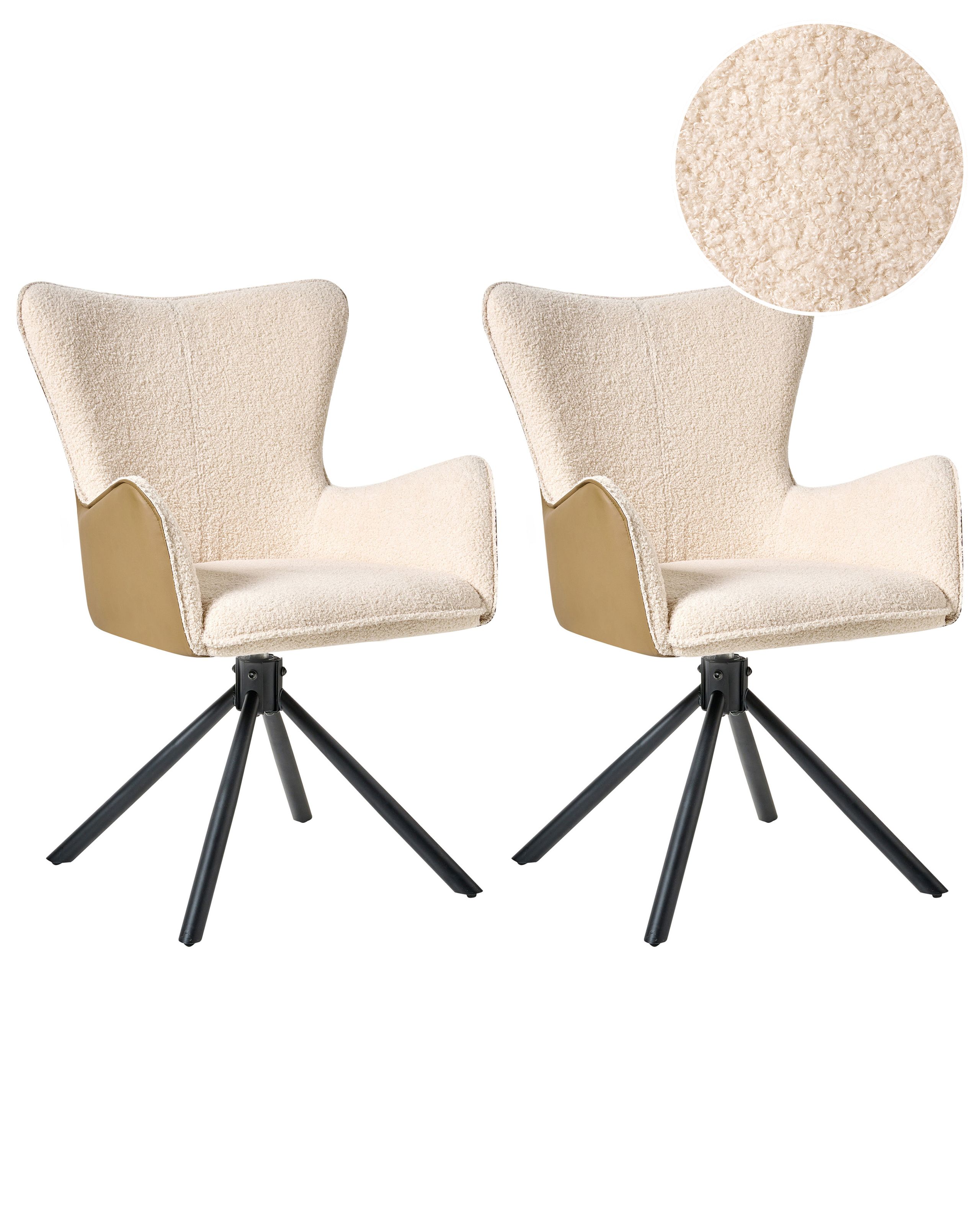 ELBOROUGH Boucle Fabric Set of 2 Dining Swivel Chairs - Light Beige - Gemini Interiors