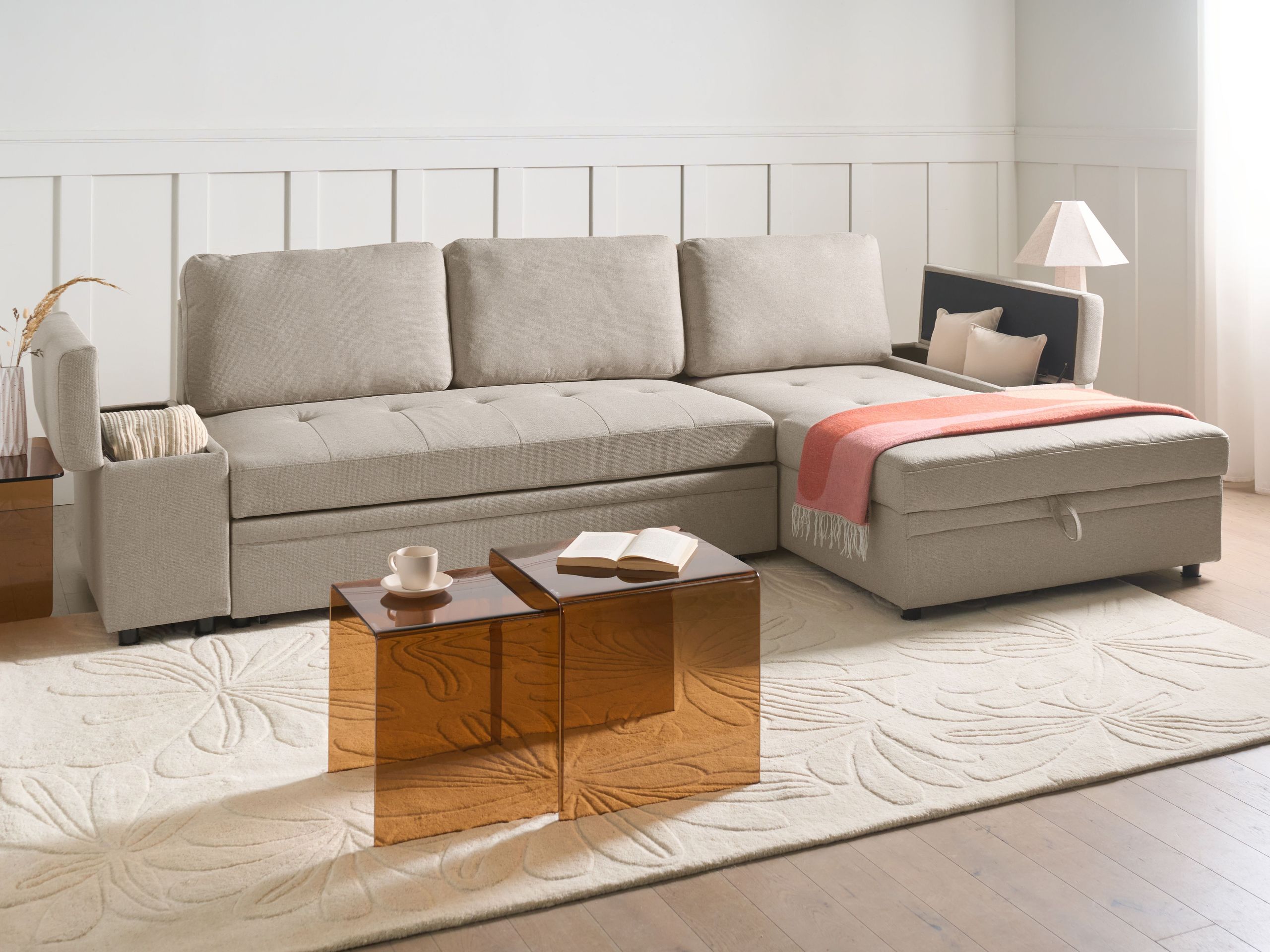 HRESIY Faux Linen 4 Seater L Shaped Corner Sofa Bed - Beige, Right Hand Facing - Gemini Interiors