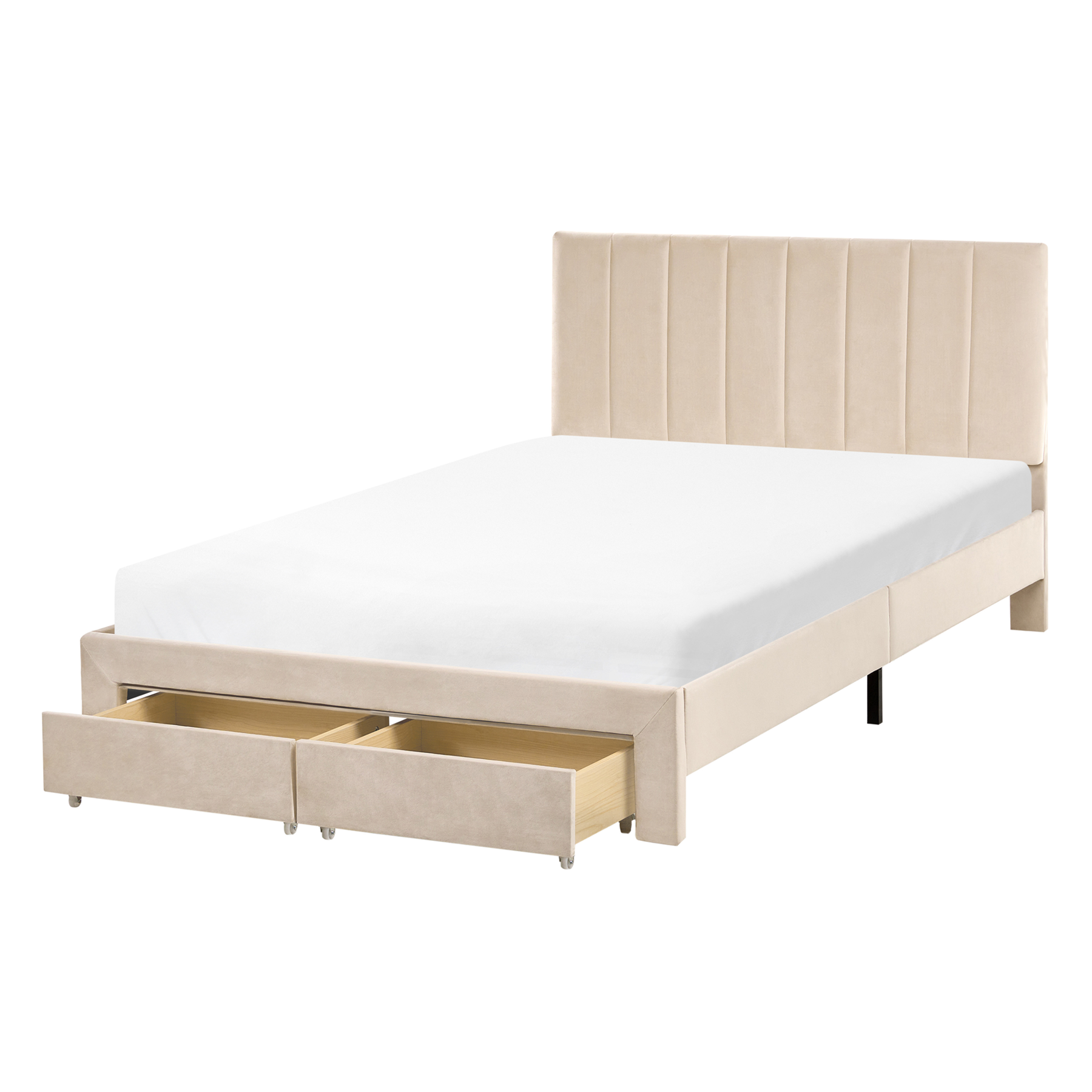 RENZA Small Double Velvet Bedframe with Storage Drawers - Beige - Gemini Interiors