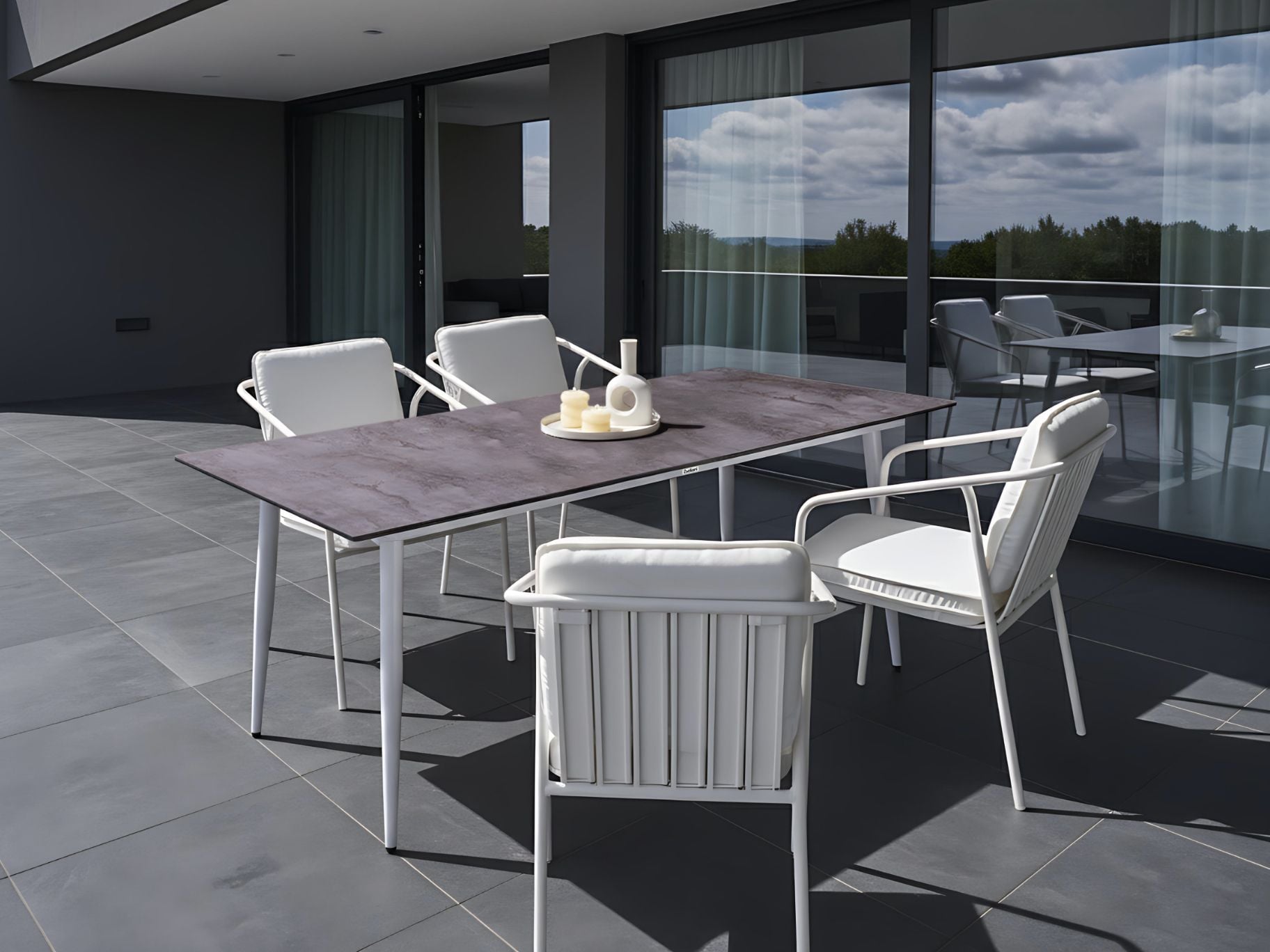 DEVERO Garden Dining Table Stone Effect - White and Grey - Gemini Interiors