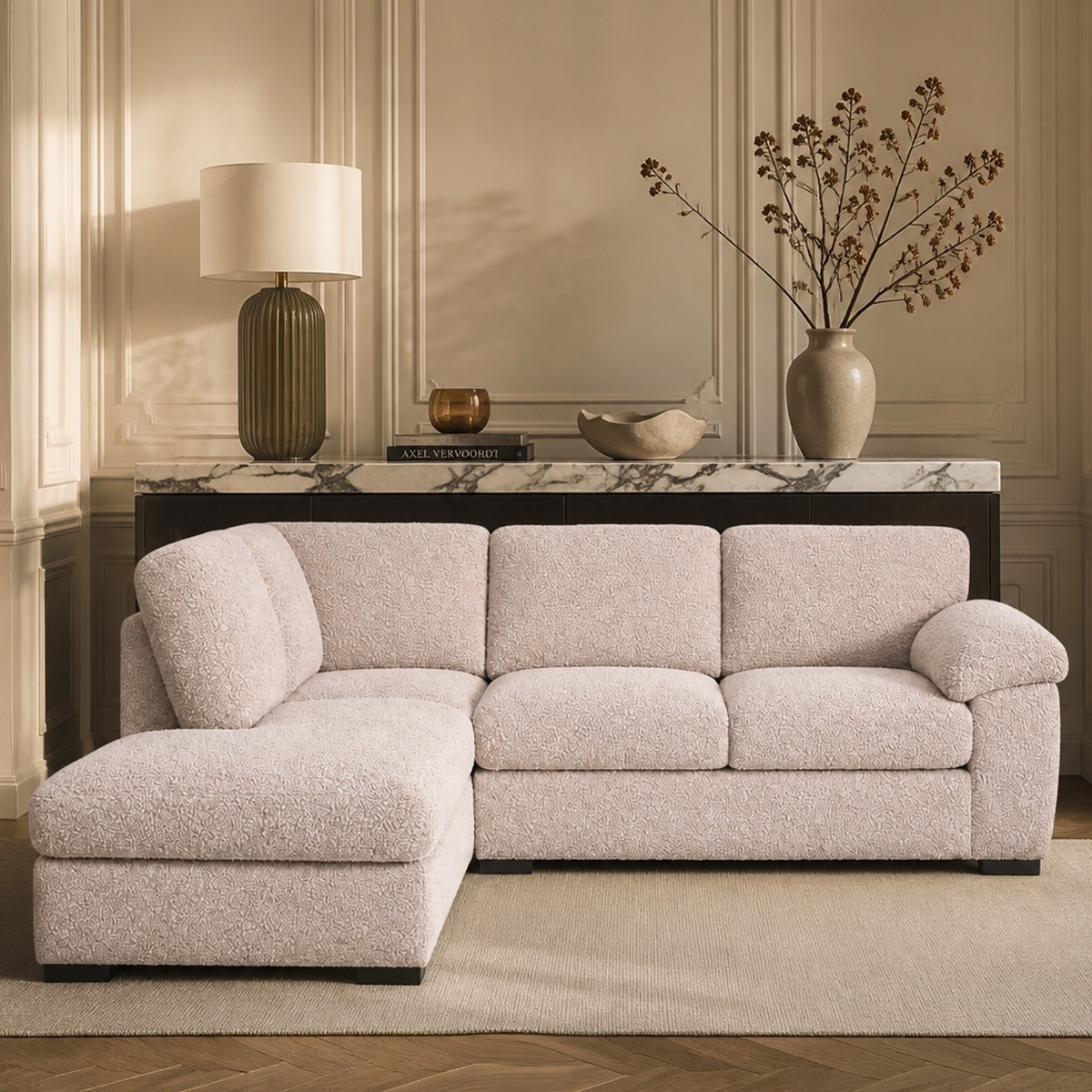 CORDURA Large Boucle Fabric L Shaped - Left Hand Facing Fullback Corner Sofa - Pink