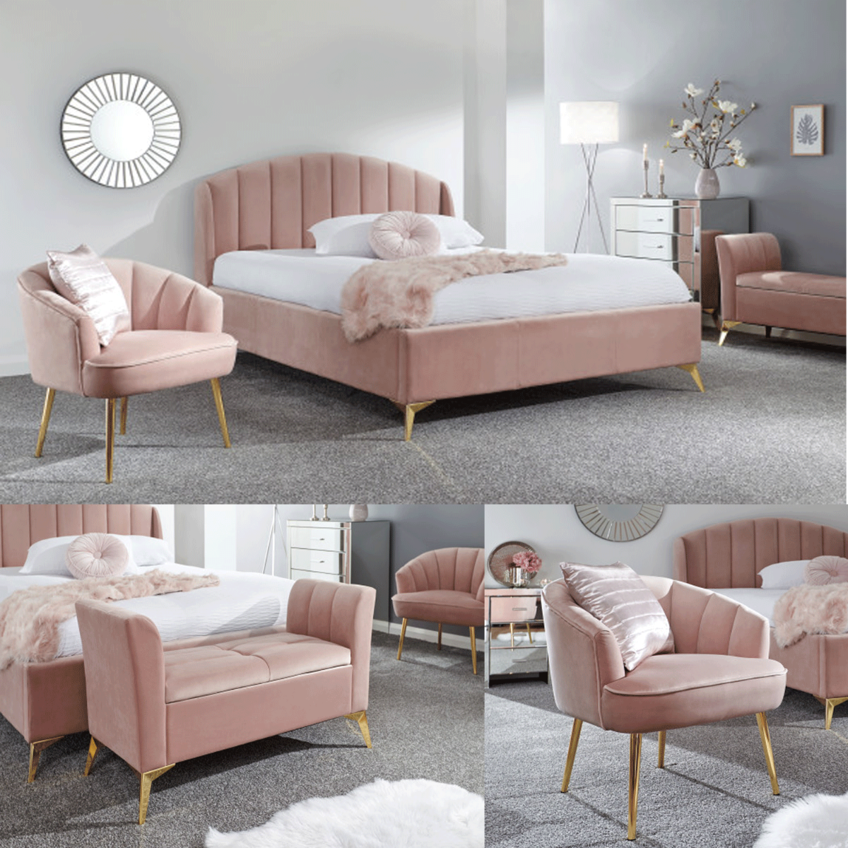 Congleton Bedroom Furniture Set Pink - 135cm Ottoman Bed, Ottoman Bench, Chair - Campbell Craft