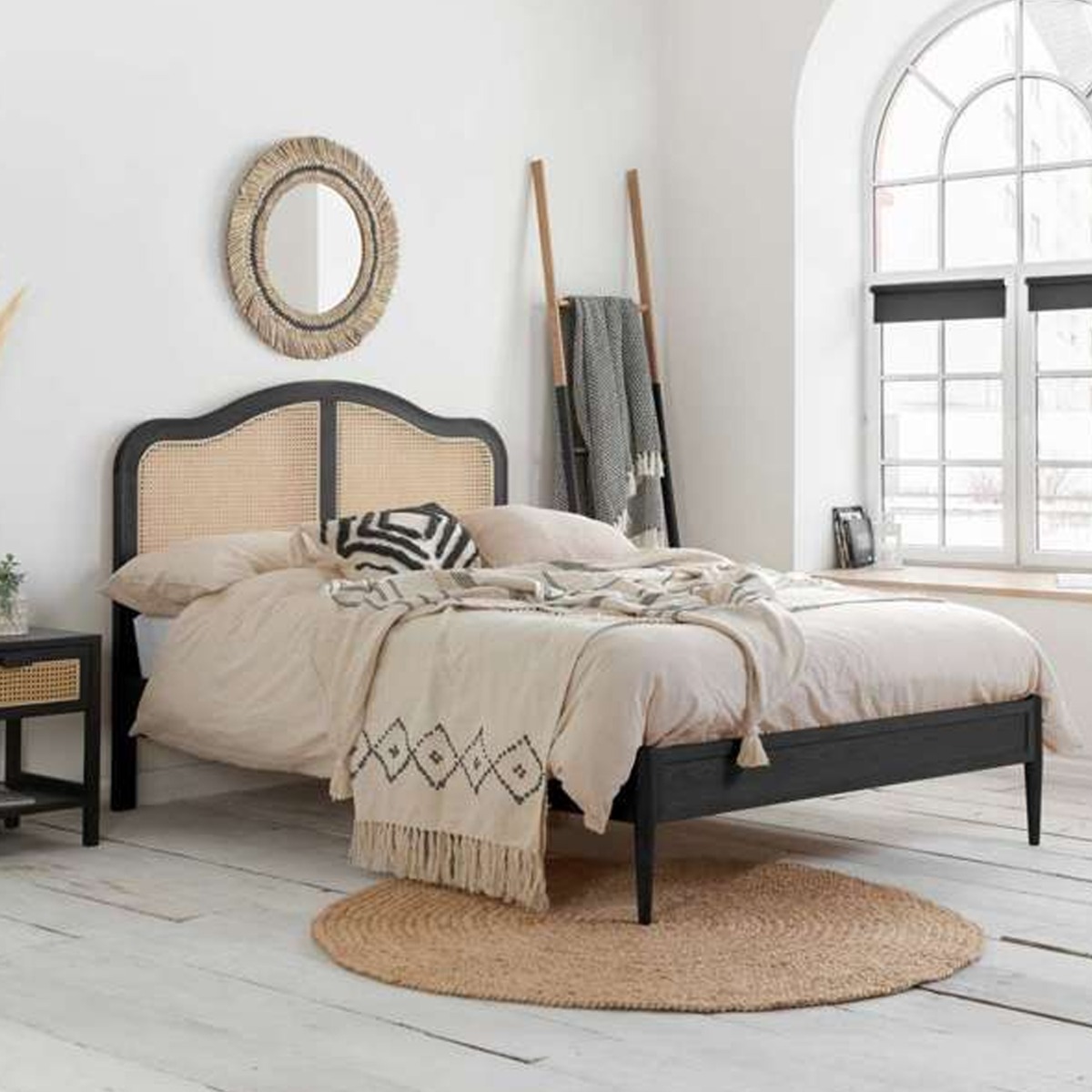 Rattan Headboard Styled Solid Slats Black Oak Bed Frame - Super Kingsize 6ft - Birlea Essentials