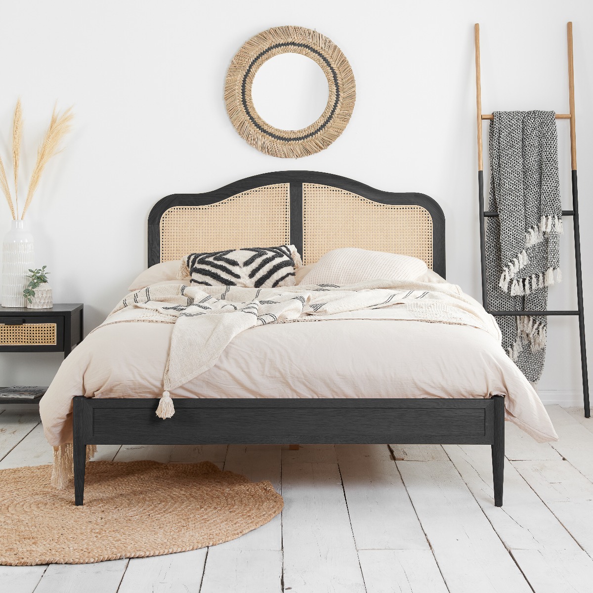 Rattan Headboard Styled Solid Slats Black Oak Bed Frame - Standard Double 4ft6 - Birlea Essentials