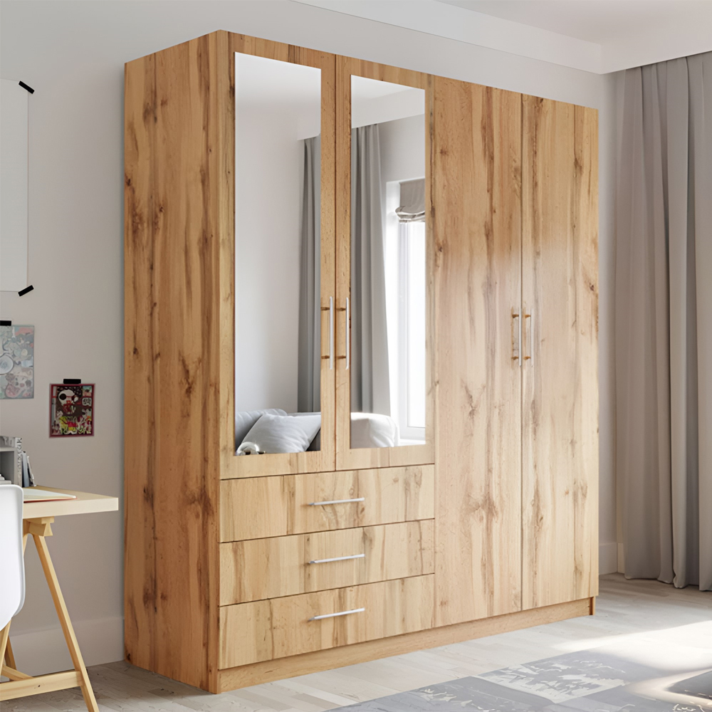 Wardrobe - LINCOLNSHIRE 4 Door Mirrored Wardrobe Oak Wotan 196cm - Avellino & Wells