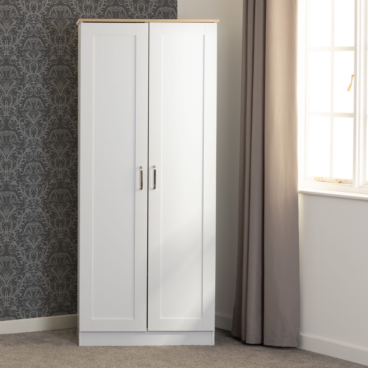 Wardrobe - PORTLETHEN 2 Door Wardrobe White Oak Effect 80cm - Budget Deals
