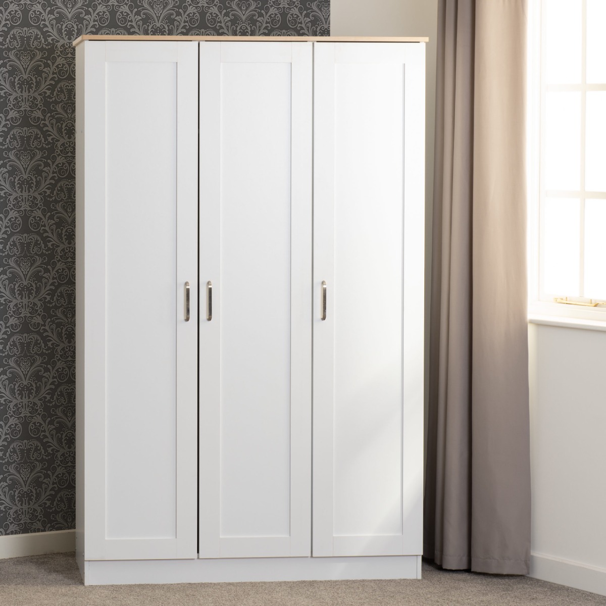 Wardrobe - PORTLETHEN 3 Door Wardrobe White Oak Effect 119.5cm - Budget Deals
