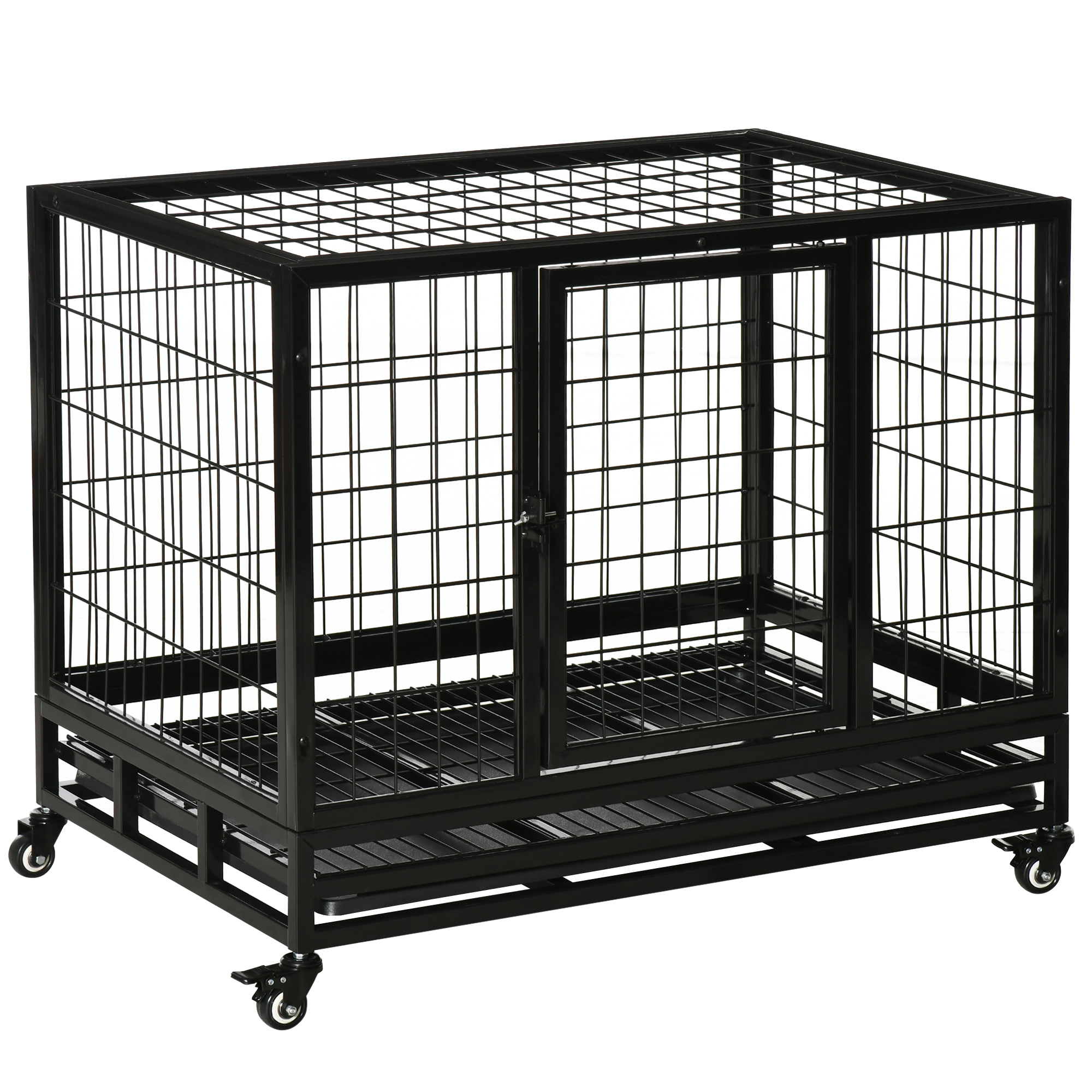 38" Heavy Duty Metal Dog Kennel Pet Cage with Crate Tray and Wheels - Black (Medium) - Life Essentials