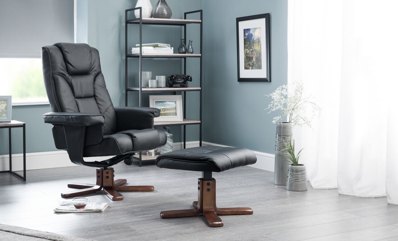 Malmo Faux Leather Swivel Recliner Armchair and Stool - Black - JB Collections
