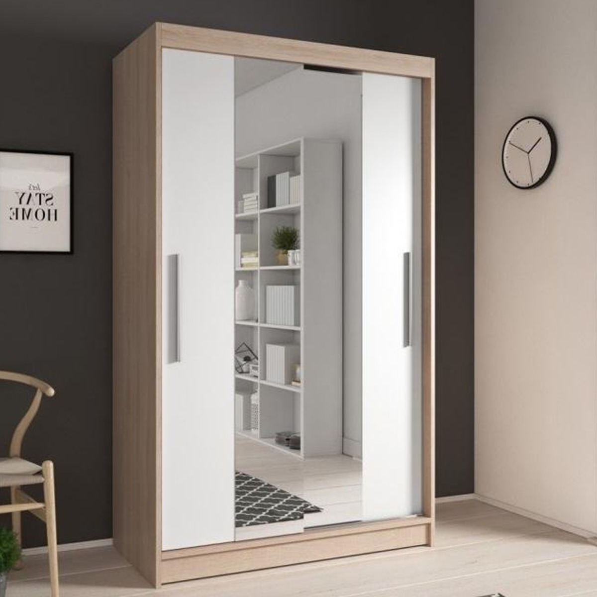 Sliding Wardrobe - NISSAN 2 Door Mirrored Wardrobe Sonoma Oak with White Matt Fronts 120cm - Art Nest