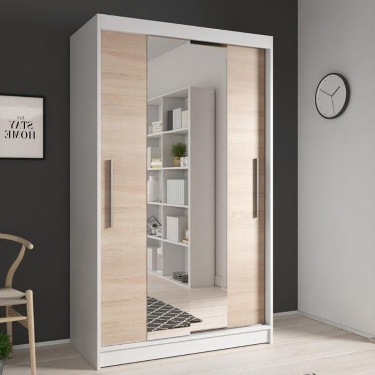 Sliding Wardrobe - NISSAN 2 Door Mirrored Wardrobe White Matt with Sonoma Oak Fronts 120cm - Art Nest