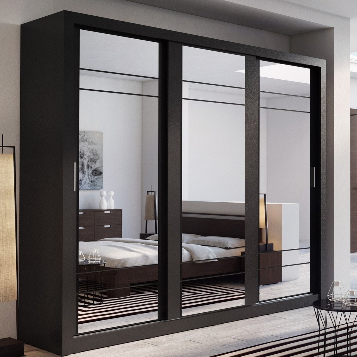 Sliding Wardrobe - IRVINE 3 Door Mirrored Wardrobe Black Matt 250cm - Art Nest