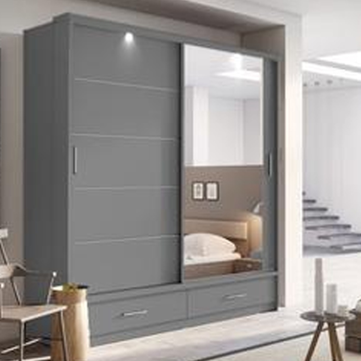 IRVINE 2 Door Mirrored Sliding Wardrobe with 2 Drawers Grey Matt - 200cm - Art Nest