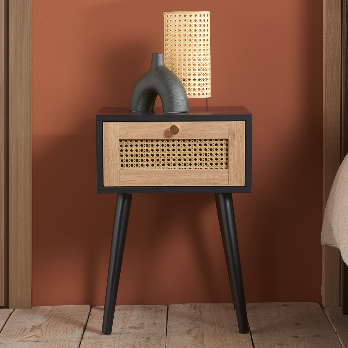 Bedside Table - CROXLEY 1 Drawer Nightstand Black 38cm - Birlea Essentials
