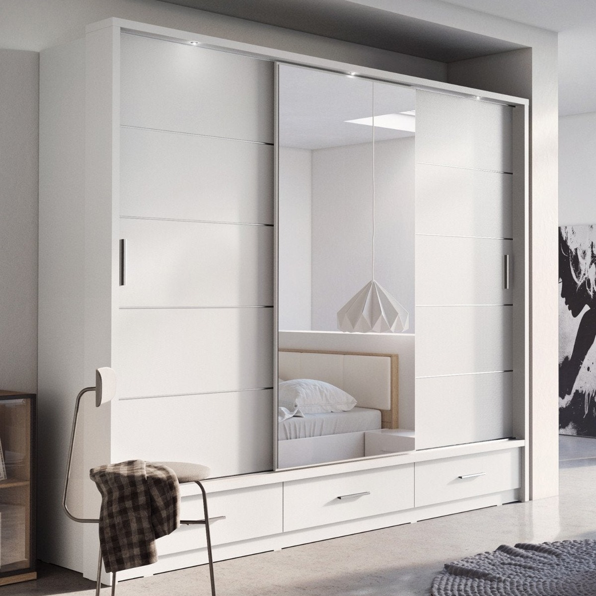 Sliding Wardrobe - IRVINE I 3 Door Mirrored Wardrobe White Matt 250cm - Art Nest