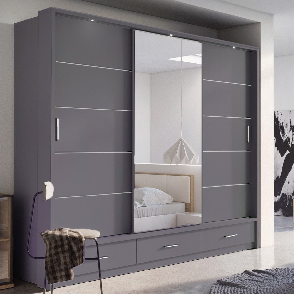 IRVINE 3 Door Mirrored Sliding Wardrobe with 3 Drawers Grey Matt - 250cm - Art Nest
