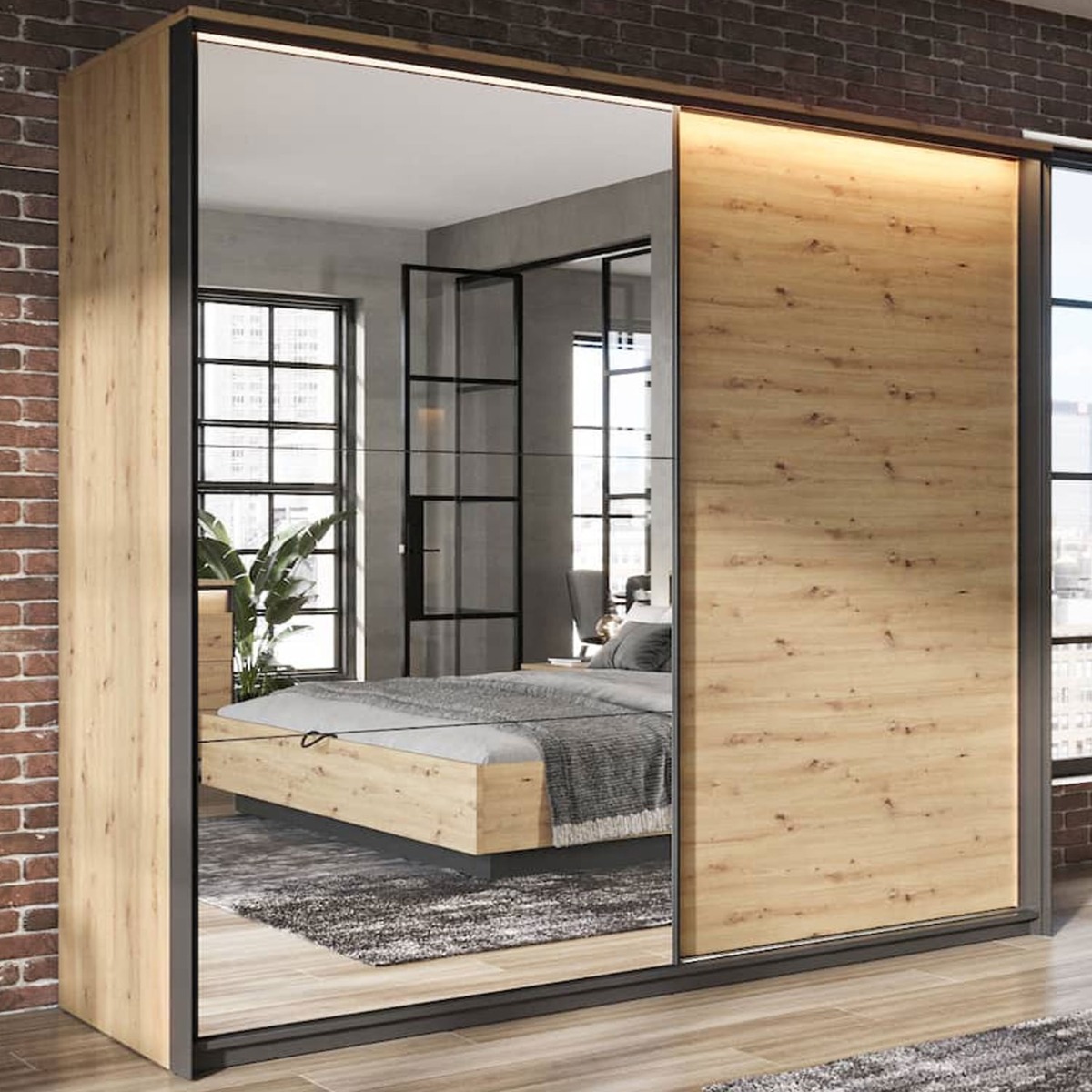 Sliding Wardrobe - QUINTON 2 Door Mirrored Wardrobe Oak 220cm - Art Nest