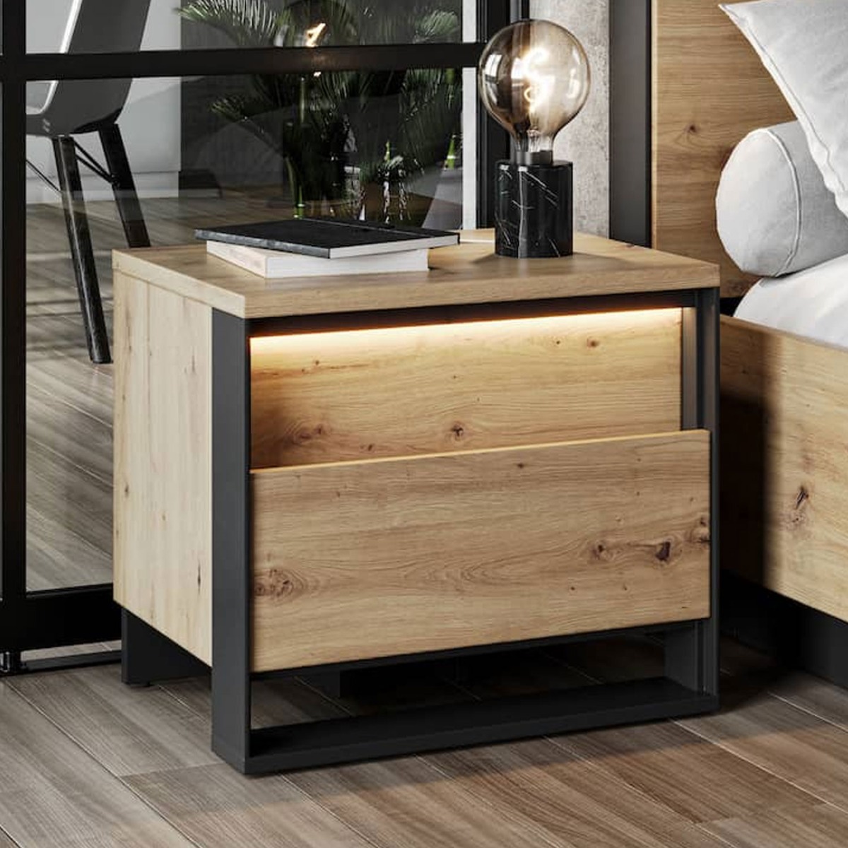 Bedside Table - SYRENYX 2 Drawer Nightstand Oak Artisan and Black Matt 55cm - Art Nest