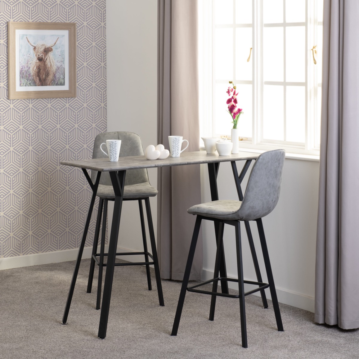 Quebec Bar Table Set - Concrete Effect Black Grey Faux Leather - Budget Deals