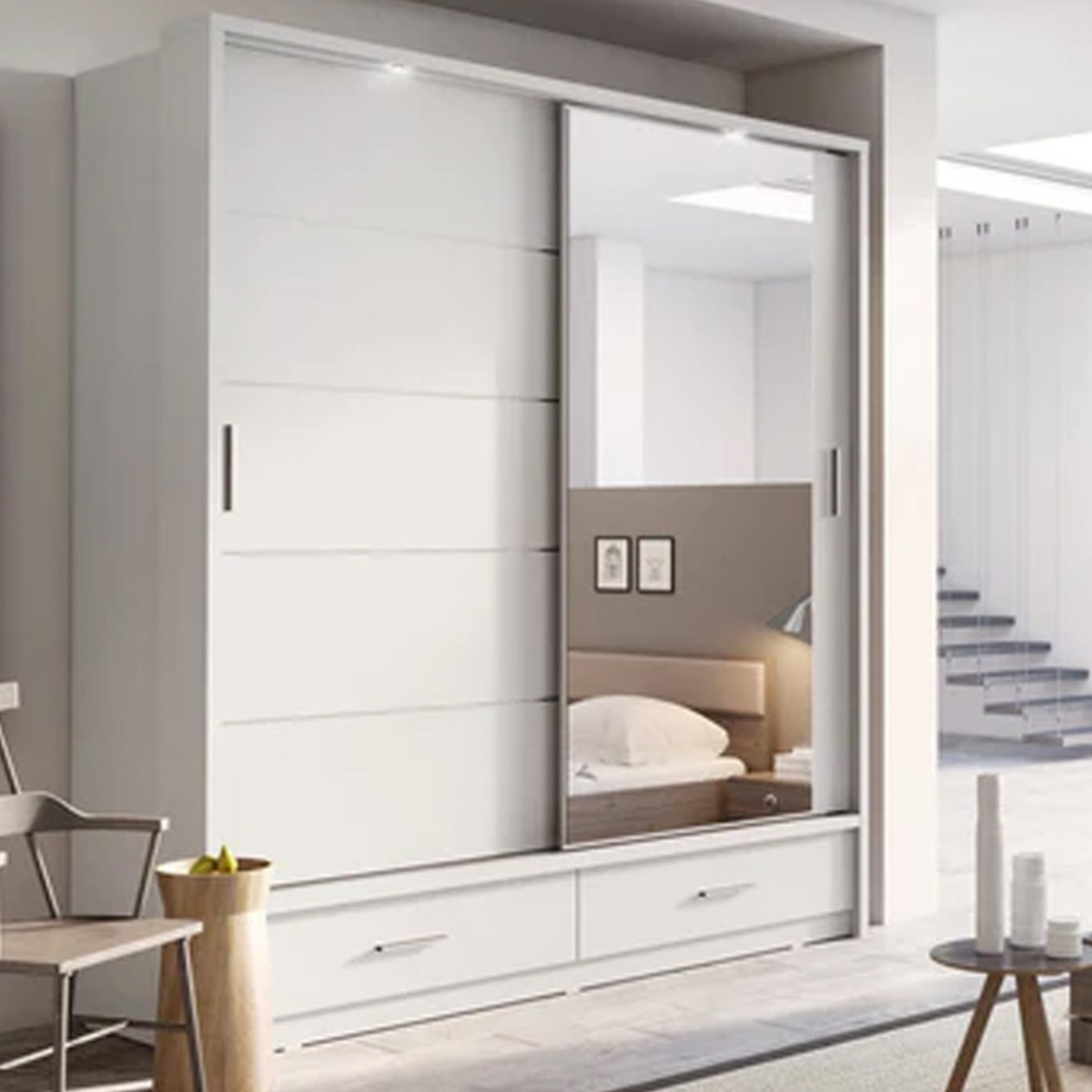 IRVINE 2 Door Mirrored Sliding Wardrobe with 2 Drawer White Matt - 200cm - Art Nest