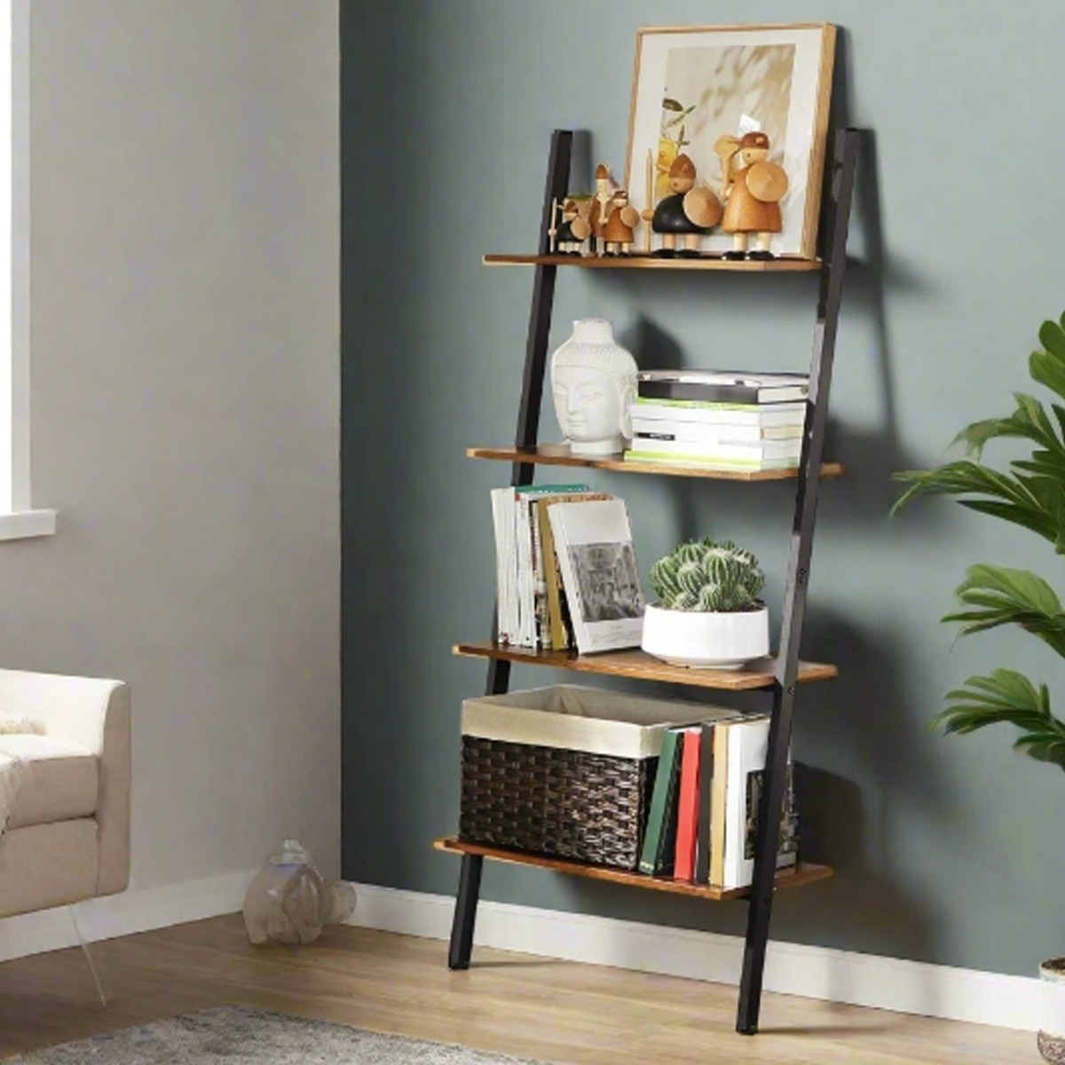 LUMINEX Ladder Shelf 4-Tier Wall-Leaning Bookcase - Rustic Brown - The Urban Forge