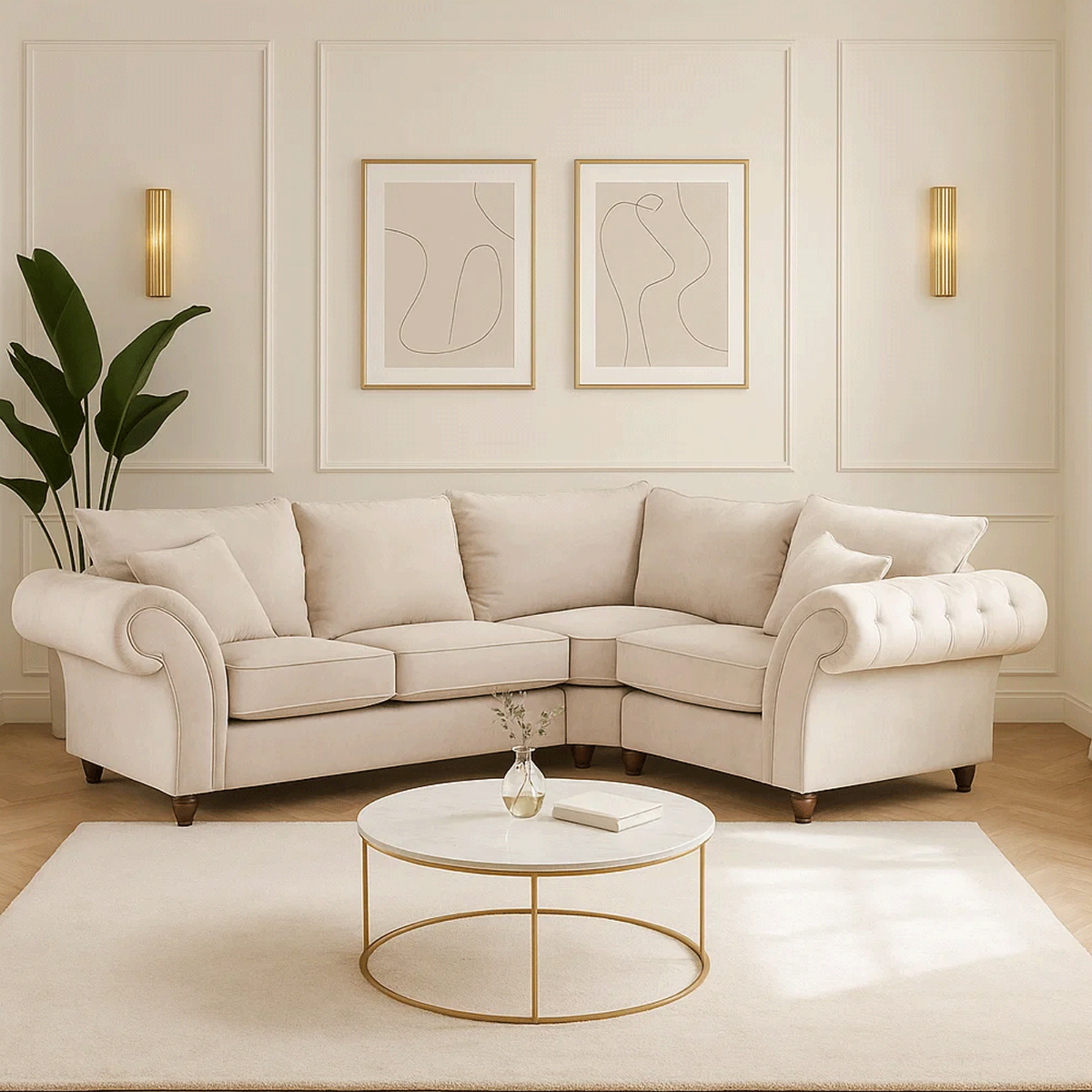 Raymond Fullback Round Buttoned Scroll Arms Right Hand Facing Corner Sofa - Stone - Sofa So Good