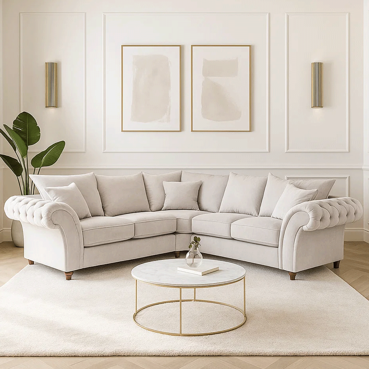 Raymond Fullback Round Buttoned Scroll Arms Large Corner Sofa - Stone - Sofa So Good