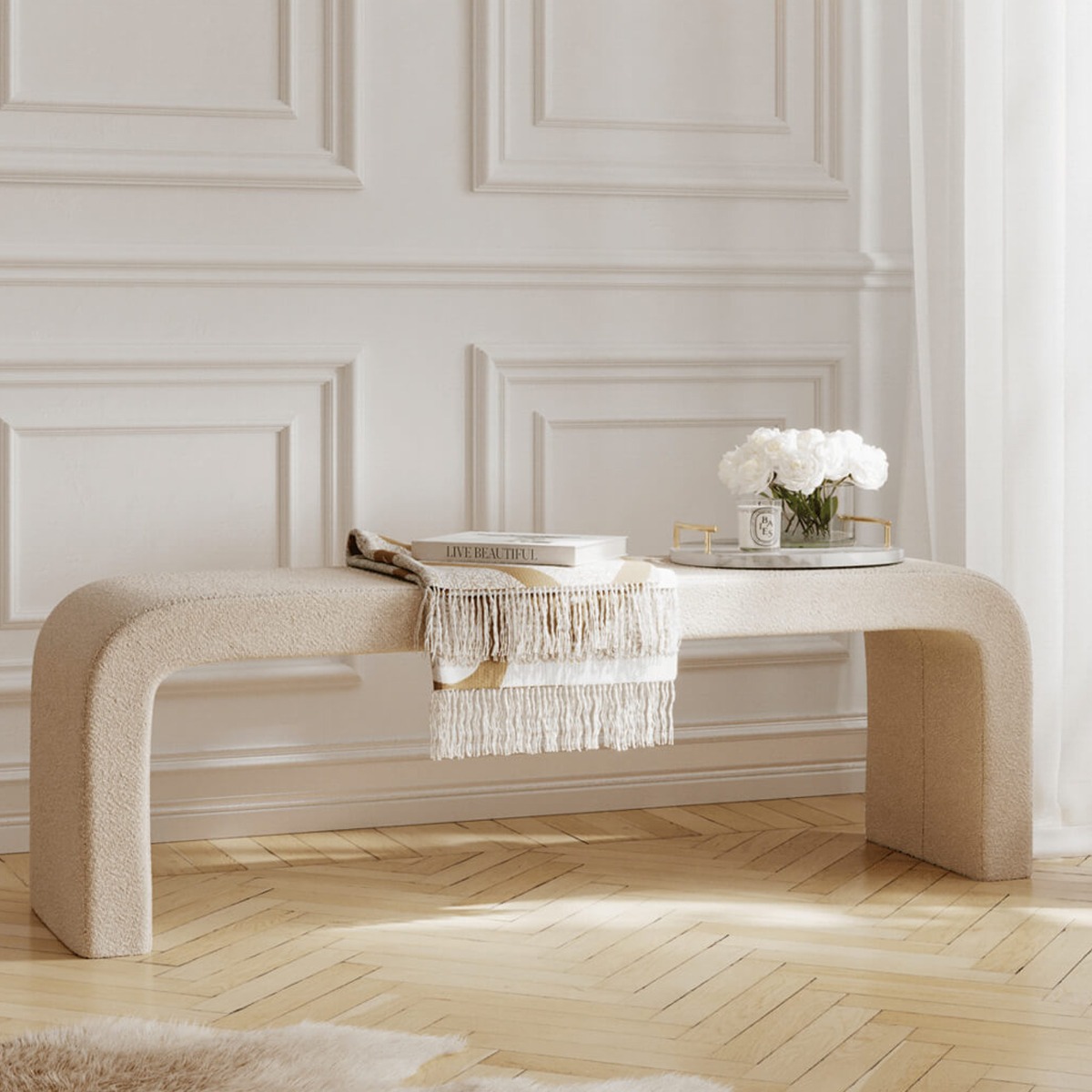 RENNAN Boucle Room Bench - Buff - Leeds Plywood