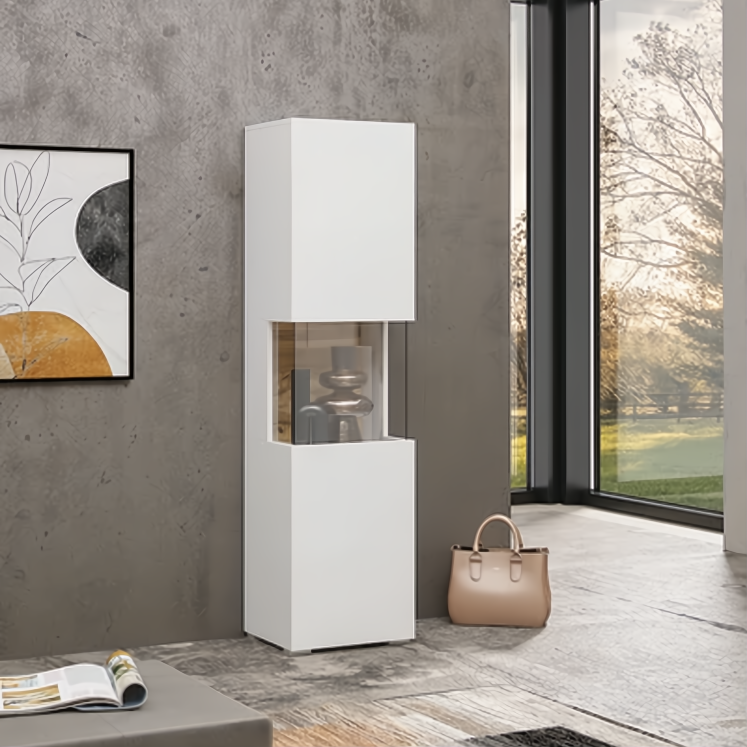 Echo Eden Tall Display Cabinet with Partially Glazed Door - White - Art Nest