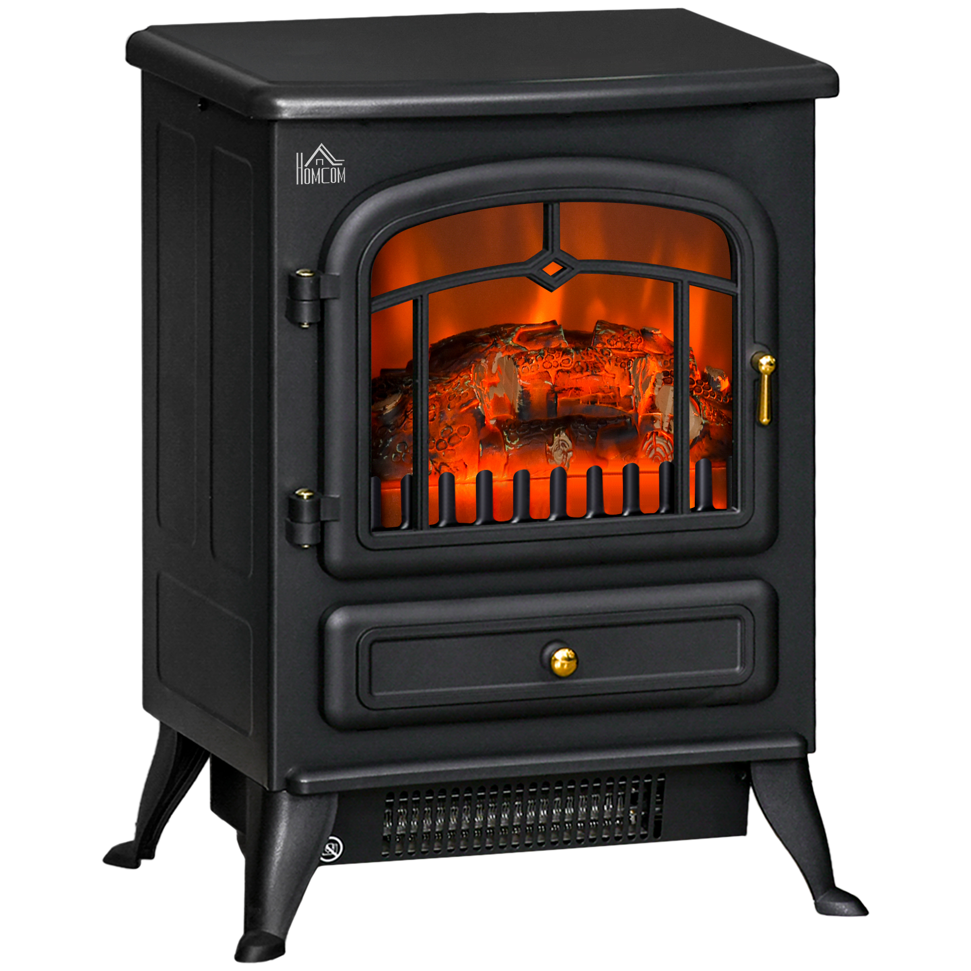 Portable Freestanding Electric Fire Place Indoor Heater Burning Effect Flame 950/1850W - Black - Life Essentials
