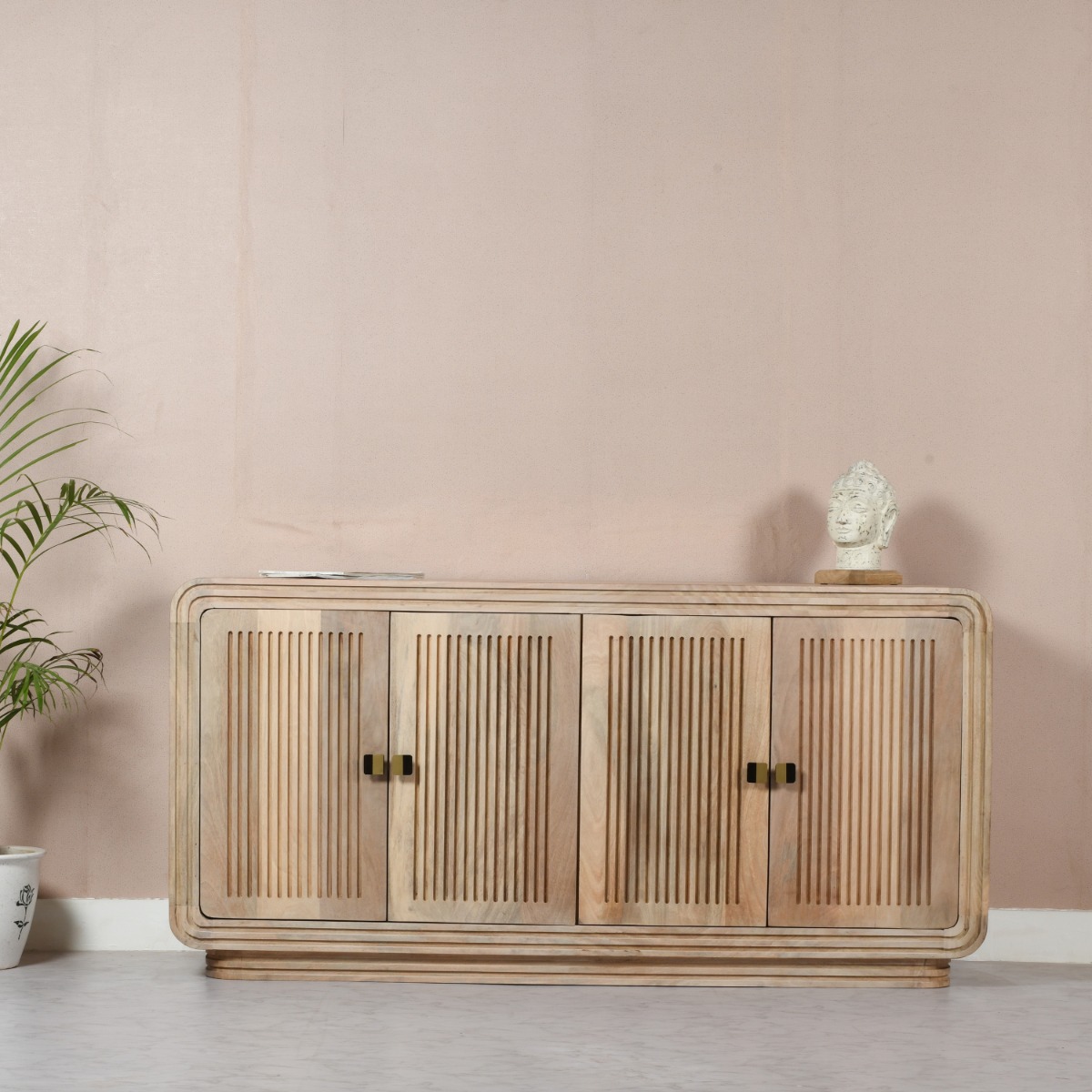 Denise Carved Mango Wood Large 4 Door Sideboard - Natural Wood - Elfrida Interiors