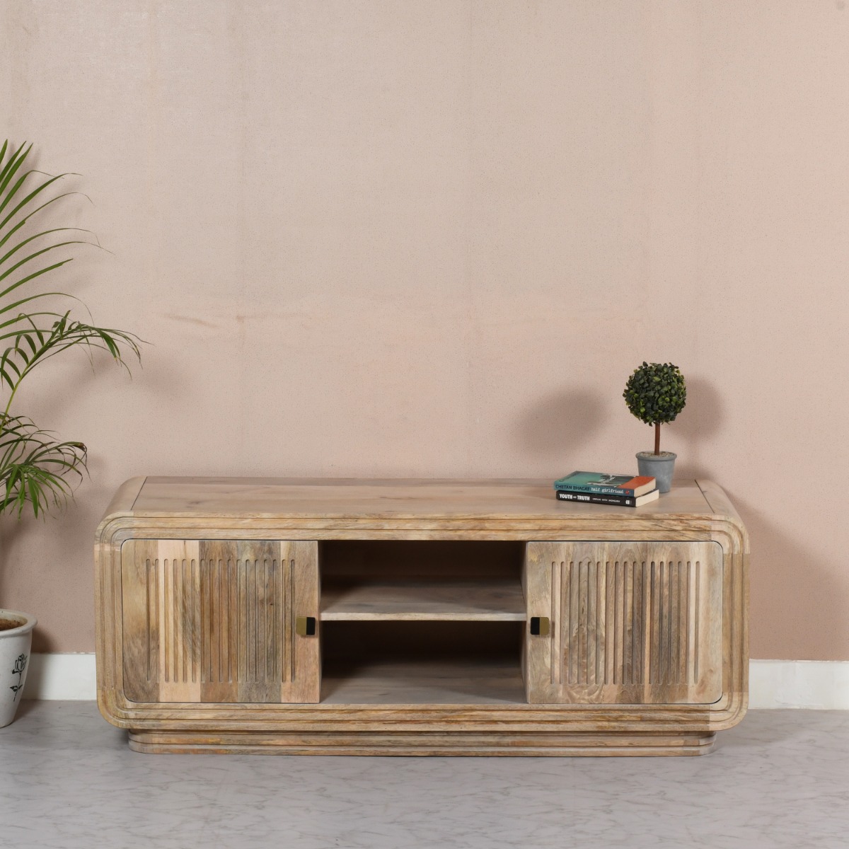 Denise Carved Mango Wood 2 Doors TV Cabinet - Natural Wood - Elfrida Interiors
