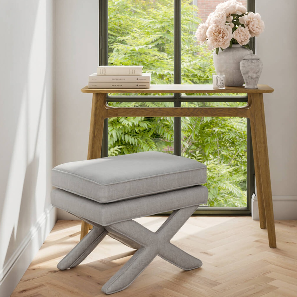 RHOAN Linen Footstool - Light Grey - Leeds Plywood