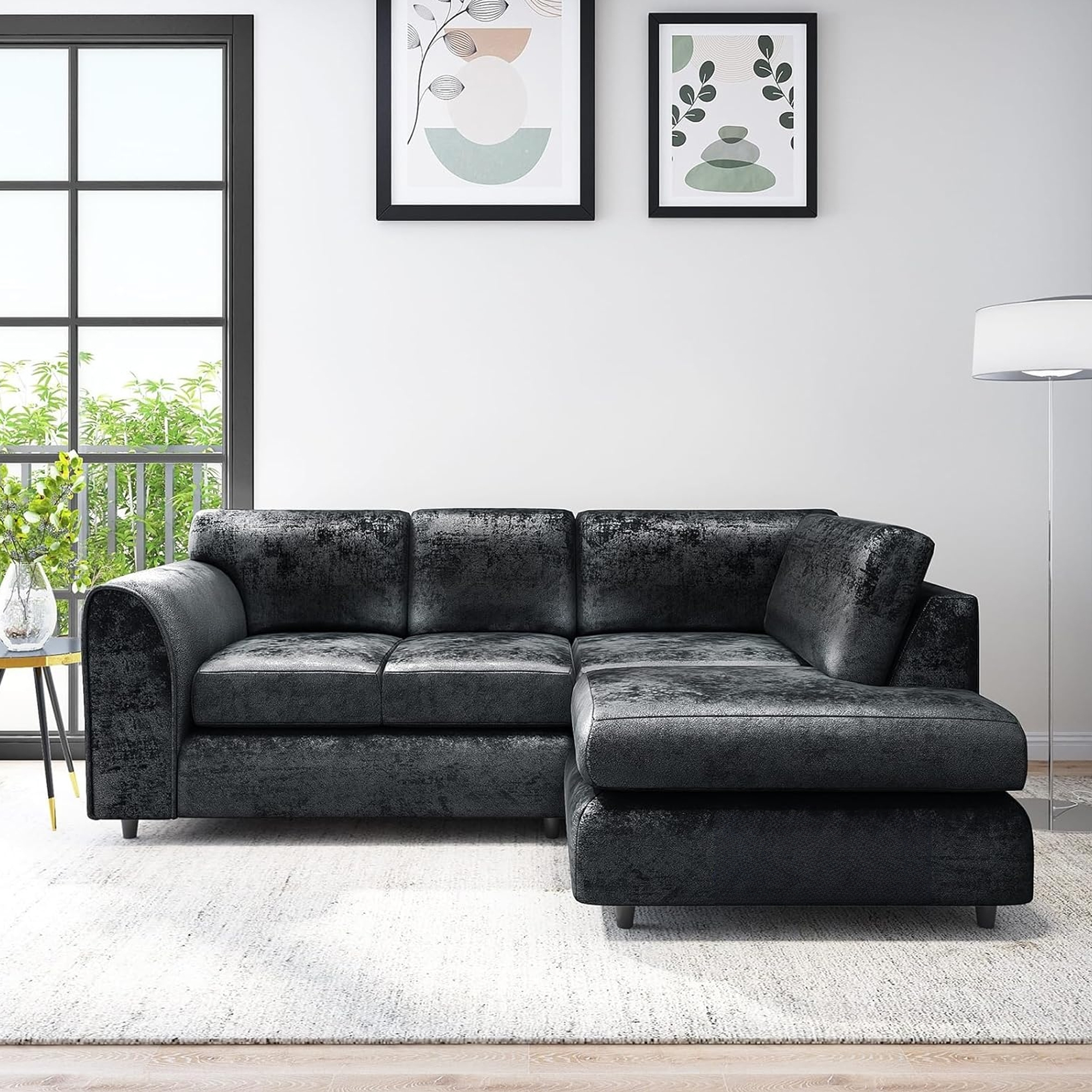 VELOURA Crush Velvet 4 Seater L Shaped Fullback Corner Sofa - Black, Right Hand Facing - Home Done