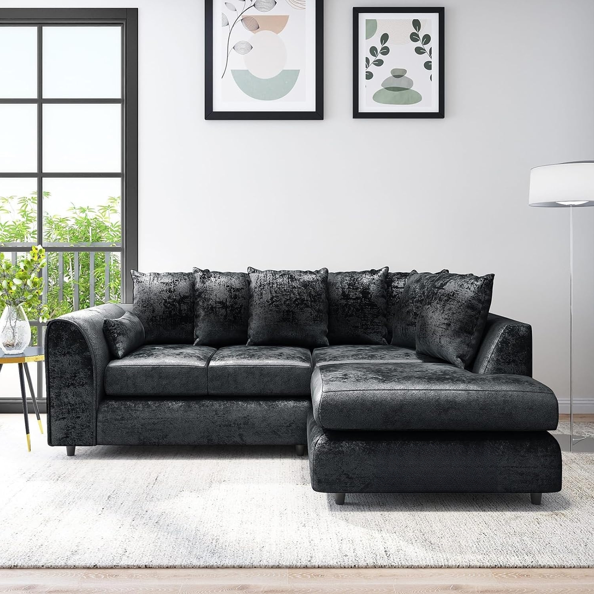 VELOURA Crush Velvet 4 Seater L Shaped Scatterback Corner Sofa - Black, Right Hand Facing - Home Done