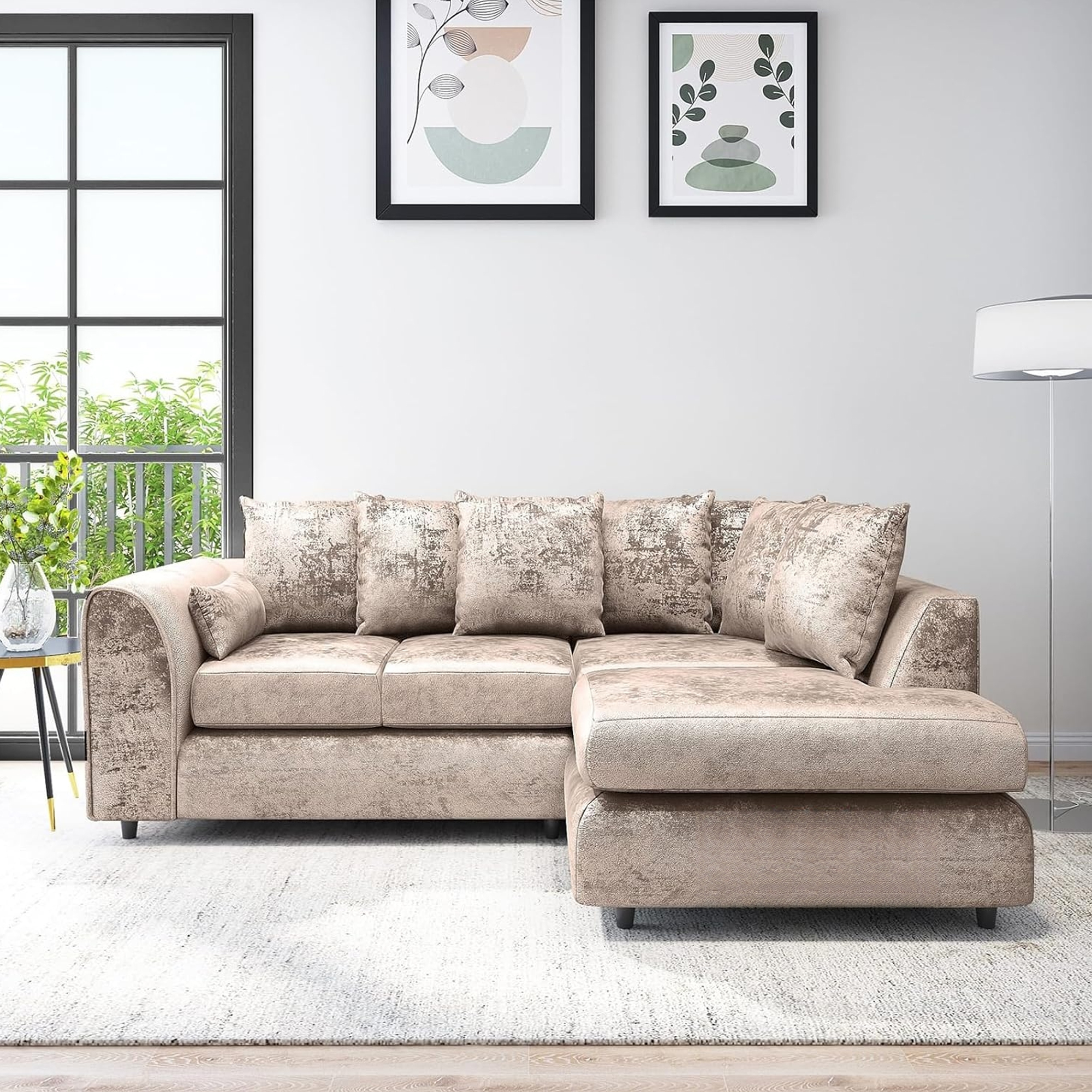 VELOURA Crush Velvet 4 Seater L Shaped Scatterback Corner Sofa - Mink , Right Hand Facing - Home Done