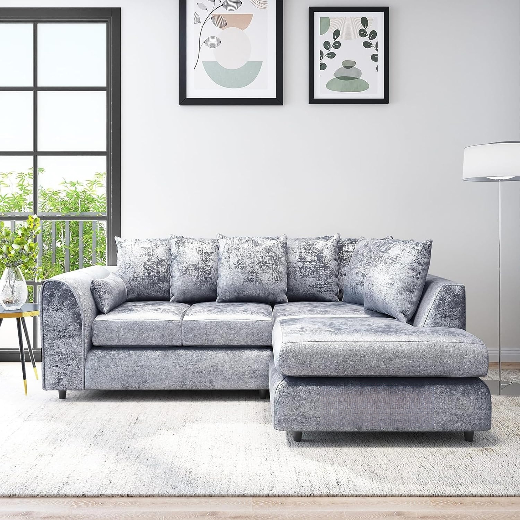 VELOURA Crush Velvet 4 Seater L Shaped Scatterback Corner Sofa - Silver, Right Hand Facing - Home Done