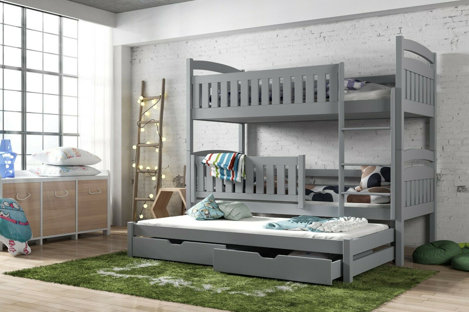 Brenda Wooden 2 Drawers Bunk Bed with Trundle and Foam Mattress - Grey - Art Nest