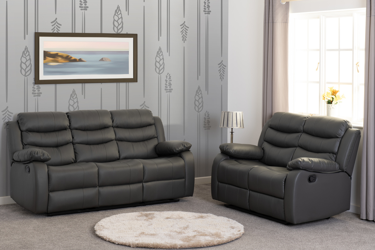 ROMA Faux Leather 3 Seater and 2 Seater Recliner Sofa Set - Grey