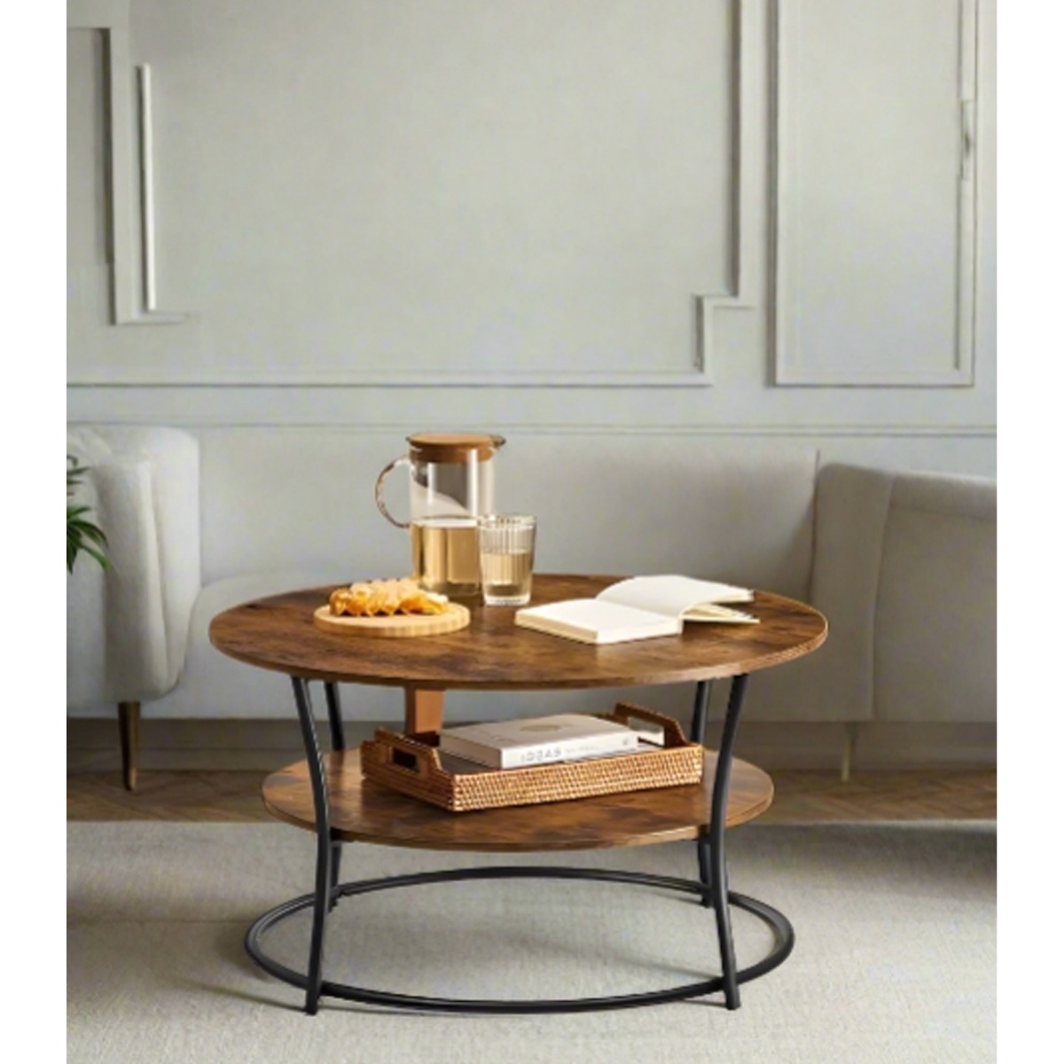KLYVORA Coffee Table Round 2-Tier Table - Rustic Brown and Black - The Urban Forge