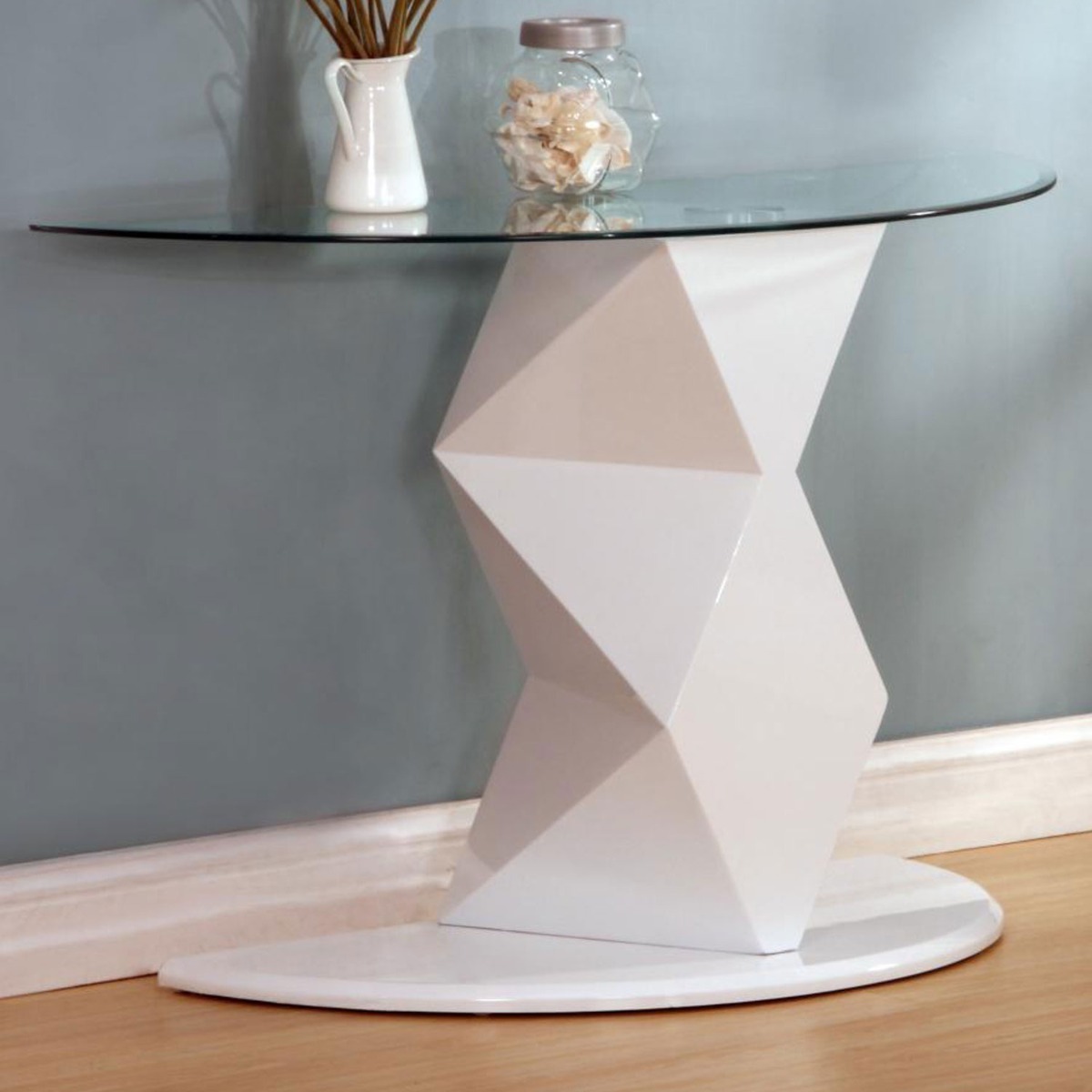 Centralia Elegance High Gloss Console Table with Clear Glass Top - White - Sigrid Mills