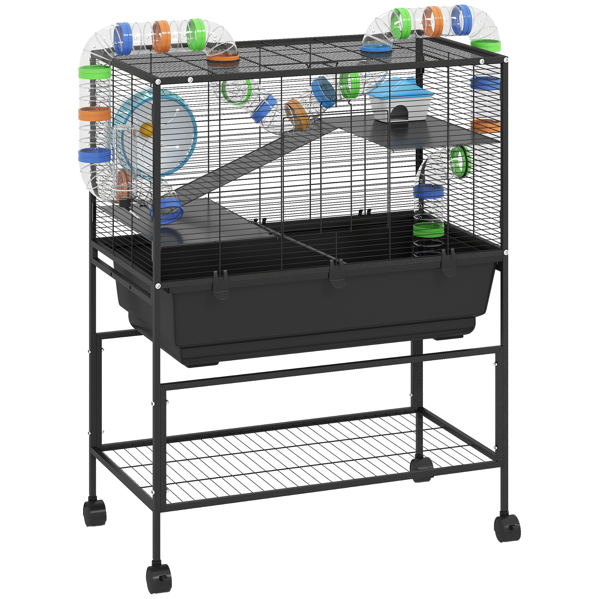 PAWSTER Hamster Cage with Storage Shelf and Wheels - Life Essentials