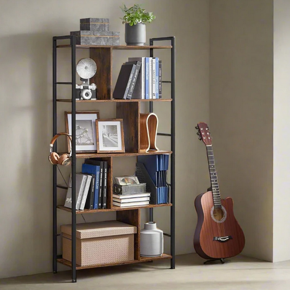 ZEPHRON Bookshelf 5-Tier Storage Shelf for Living Room, Bedroom, or Office - Rustic Brown - The Urban Forge