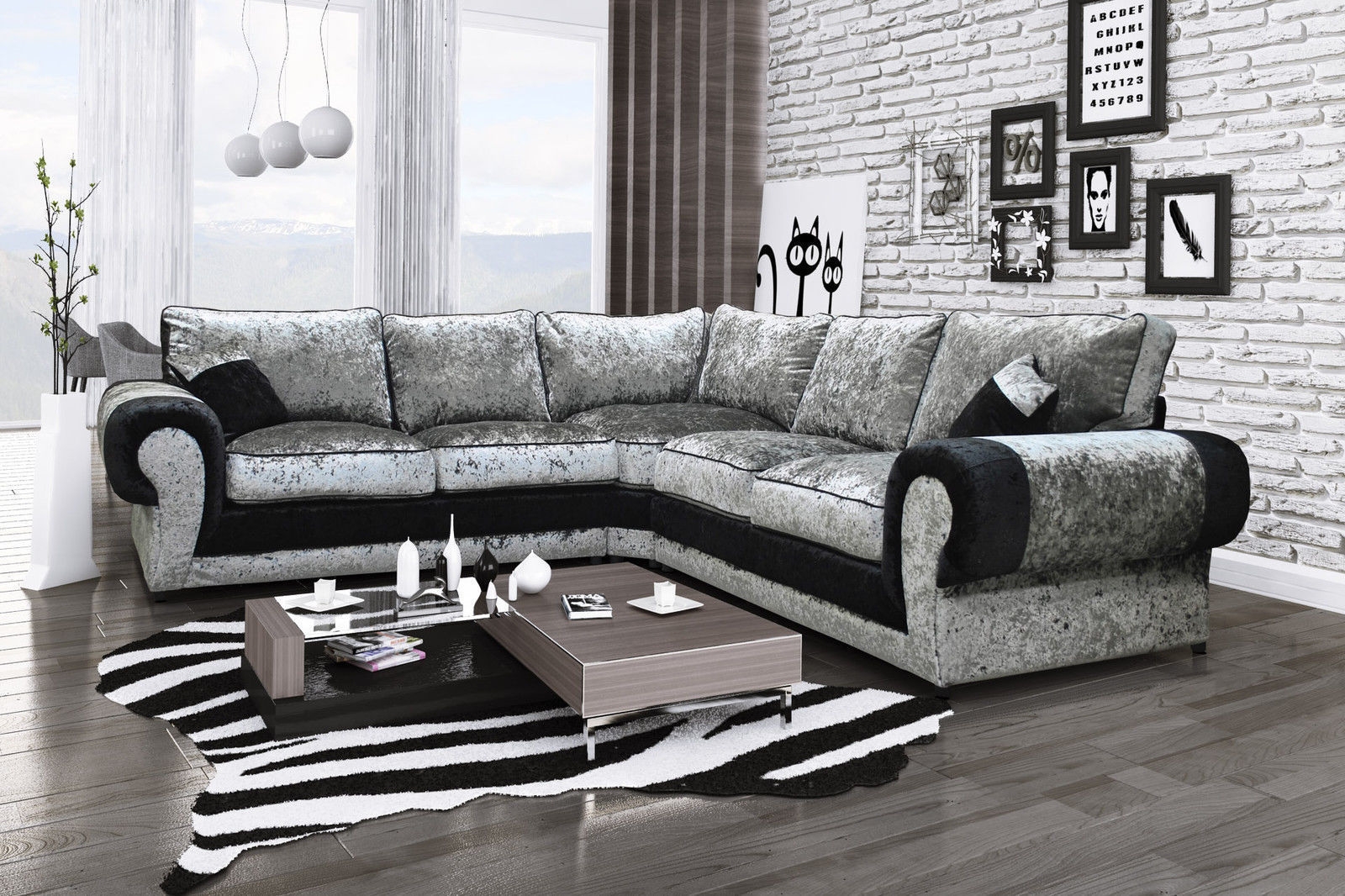 TRACY Crushed Velvet Large 5 Seater L Shaped Corner Sofa - Silver and Black - Home Done