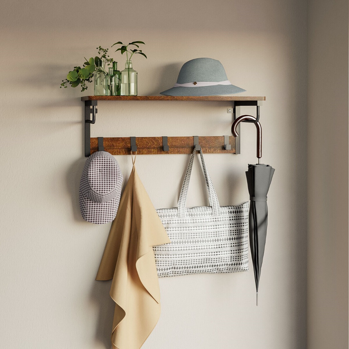Wall Mounted Coat Rack with 5 Hooks, Shelf, and Clothes Hanger - Brown - Bedroom & More
