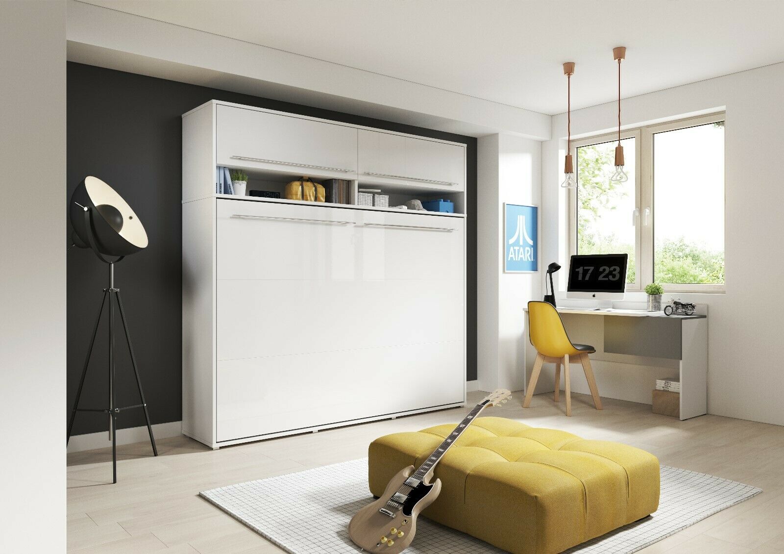 ArtNest Horizontal Wall Bed 140cm with Over Bed Unit - White Gloss - Art Nest