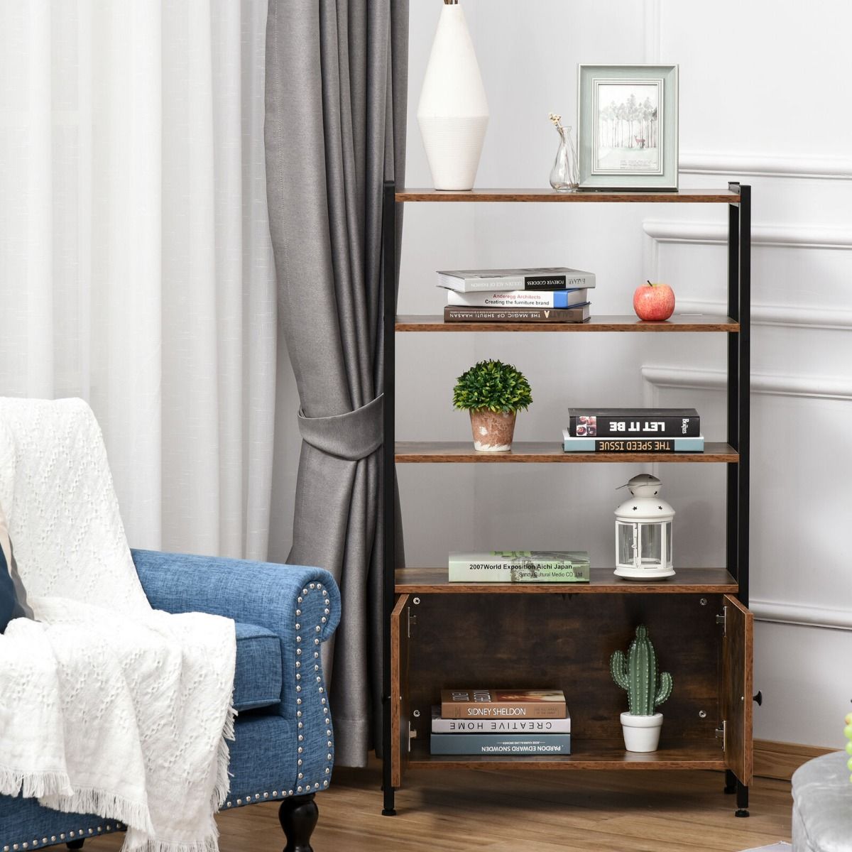 Stylish 3 Tier Bookcase with Cabinet - Rustic Brown - Aldo & Ehren