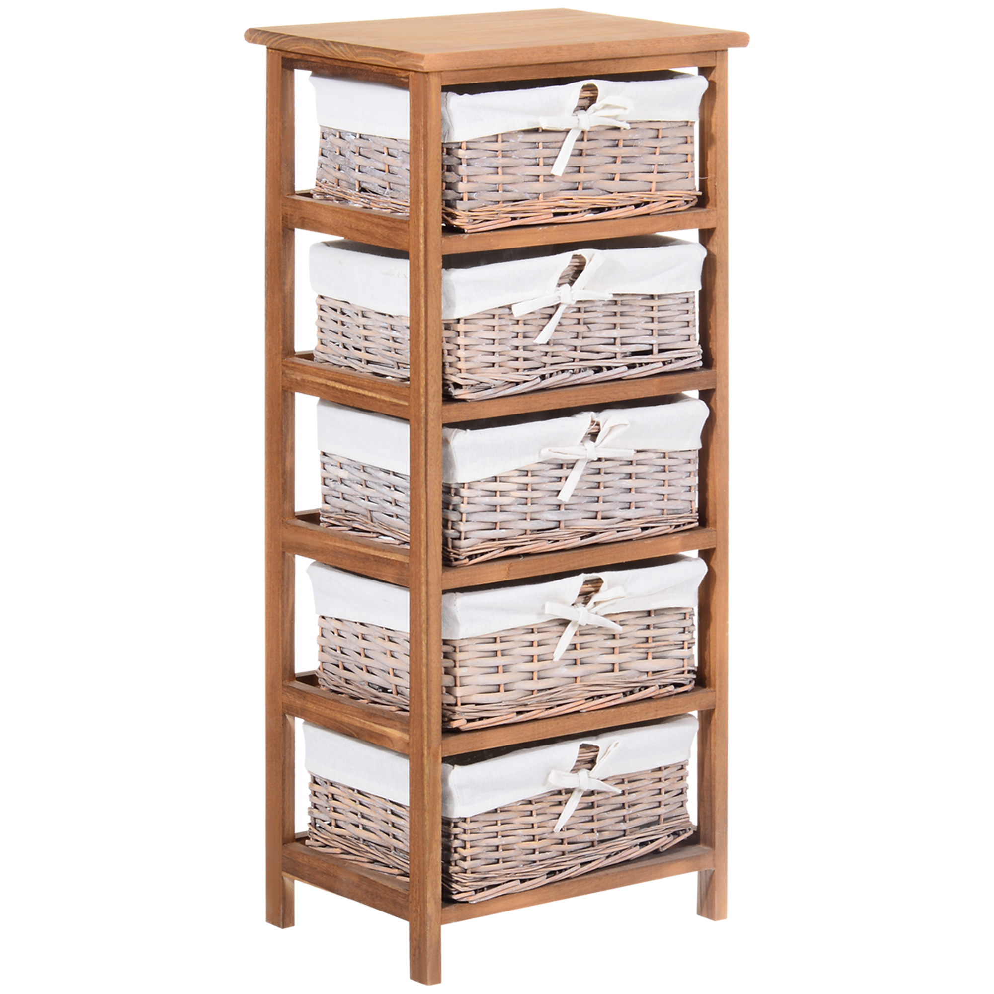 Wicker Basket Dresser, 5 Drawer Storage Shelf Unit with Wooden Frame for Home Organisation, Natural Finish - Life Essentials